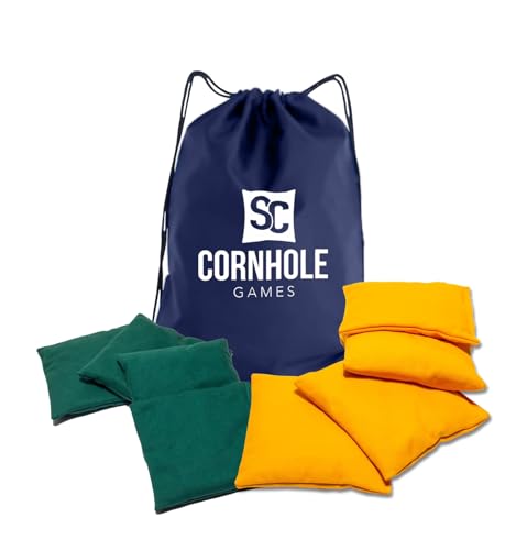 Weather Resistant Cornhole Bags (Set of 8) with Heavy Duty Tote - Professional Regulation 16oz Size & Weight - color: Yellow/Hunter Green