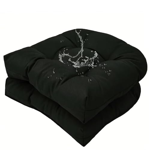Set of 2 Outdoor Indoor Black Tufted Seat Cushion with Ties 18"x18" Waterproof Patio Chair Pads Tatami Floor Pillow for Dining Garden Balcony Office Decor - color: Black
