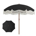 7ft Patio Umbrella with Fringe, Boho Beach Umbrellas, Outdoor Tassels Umbrellas with Push Button Tilt & Carrying Bag, 8 Windproof Fiberglass Ribs, UPF50+ - color: Black