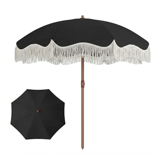 7ft Patio Umbrella with Fringe, Boho Beach Umbrellas, Outdoor Tassels Umbrellas with Push Button Tilt & Carrying Bag, 8 Windproof Fiberglass Ribs, UPF50+ - color: Black