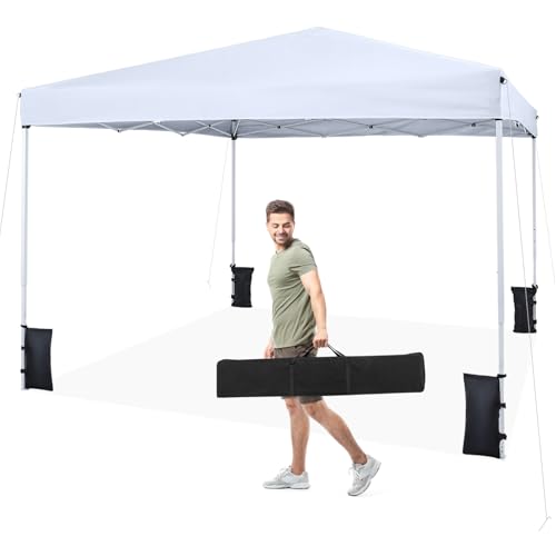 Tangkula 10x10 FT Pop Up Canopy, UPF50+ Outdoor Tent with 4 Sandbags, 8 Stakes, 4 Wind Ropes, Heavy-Duty Carbon Steel Frame, Carrying Bag, Portable Canopy Tent for Party Event Camping Travel (White) - color: White, size: 10x10 Ft