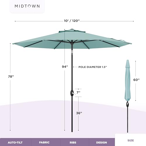 Midtown Umbrellas – The Swilt 8 Ft Patio Umbrellas with 360° Swivel & Tilt Mechanism, 8 Fiberglass Ribs & Terylast Polyester Fabric for Backyard, Deck, Pool & Cafes - Seawater Canopy, Black Pole - color: Terylast Fabric - Seawater, size: 10 Foot