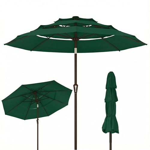 Kingdura 10ft 3-Tier Patio Umbrella, Outdoor Table Umbrella with Easy Crank & Tilt, 8 Reinforced Ribs, UV Protection for Deck, Pool, Market, Backyard (Dark green) - color: Dark green, size: 10 FT
