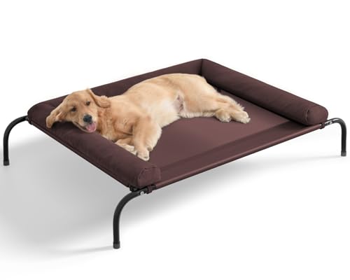 WESTERN HOME Cooling Elevated Dog Bed for Large Dogs, Outdoor Raised Dog Bed Portable Dog Cot Bed with Breathable Mesh, Chew Proof Pet Cots with Removable and Waterproof Bolster - color: Brown, size: 43.0"L x 31.0"W x 8.0"Th