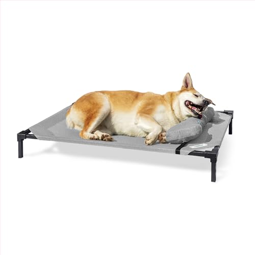 Coolaroo Pro Elevated Dog Bed with HeatShield Fabric – Advanced Cooling Raised Cot for Medium & Large Breeds, Easy-Clean, Low-to-Ground Access, Bonus Bolster Pillow – Glacier Grey - color: Glacier Grey, size: Large