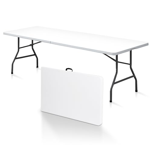 SUPER DEAL 8FT Folding Picnic Table for Indoor Outdoor, Portable Fold-in-Half Plastic Dining Camping Party Table with Carrying Handle - color: White, size: 95"x30", style: Rectangular
