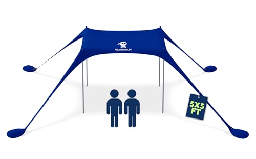 SUN NINJA Beach Tent Sun Shelter UPF50+ - Easy Pop Up Beach Canopy - Outdoor Shade for Camping Trips, Fishing, Backyard Fun Picnics - Sand Shovel, Ground Pegs & Stability Poles - color: Royal Blue, size: 5x5 FT 4 Pole