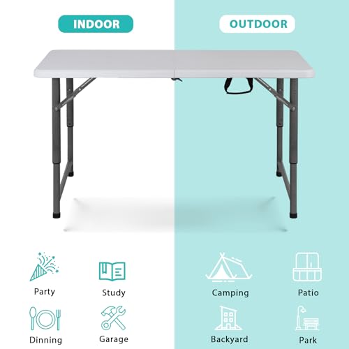 SUPER DEAL Portable 4 Foot Plastic Folding Table, Indoor Outdoor Heavy Duty Fold-in-Half Picnic Party Camping Barbecues Table with Carrying Handle, White - size: 4 FT