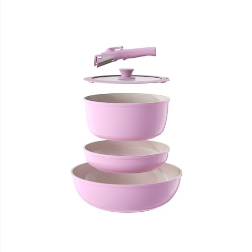 Pots and Pans Set Non Stick, Ceramic Cookware Set Detachable Handle, RV Camping Kitchen Cooking Set Removable Handles, Dishwasher/Oven/Fridge Safe, Induction, Space Saving，PINK - color: Pink