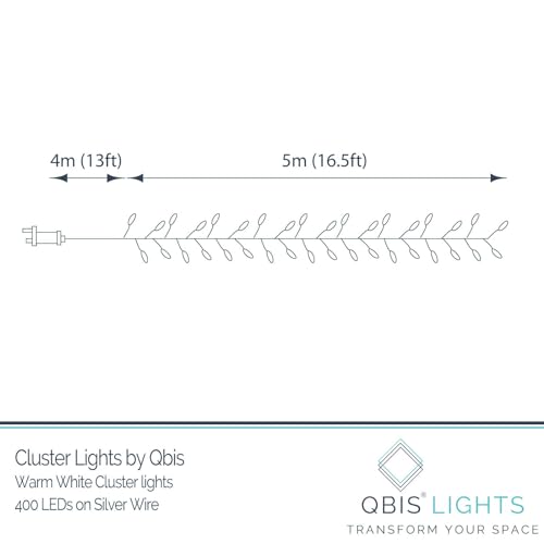 QBIS 400 LED Cluster Lights on Silver Wire. Warm White Fairy Lights Plug in, 16.5ft Christmas Lights for Christmas Tree and Fireplace Mantel. Indoor Outdoor Firecracker Light String. - size: 400 LED - Silver Wire - Mains Plug