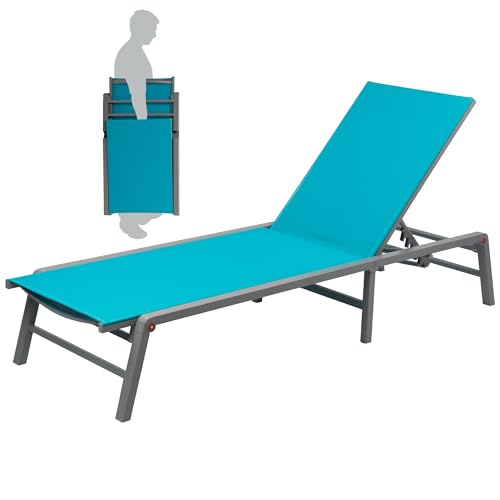 Kozyard Outdoor Foldable Lounge Chair, Aluminum Frame Patio Lounger with 5-Position Adjustable Backrest, Breathable Textilene Fabric, Assemble-Free, Reclining Full-Flat Poolside(Aqua) - color: Aqua