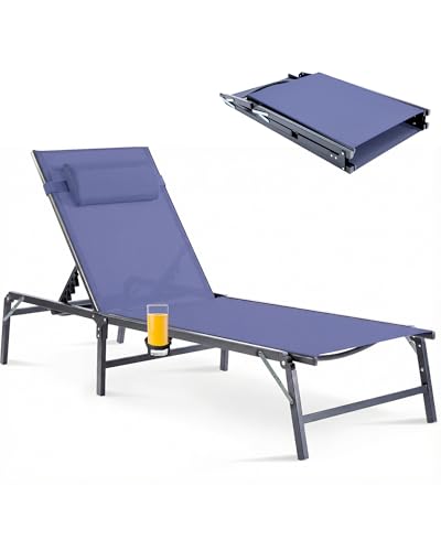 Foldable Chaise Lounge Chair with Cup Holder, Assemble-Free Outdoor Lounge Chair with Detachable Pillow and 6 Adjustable Backrest, Patio Lounge Chair for Outside Poolside Beach Pool, Blue - color: Blue, size: 1-Pack
