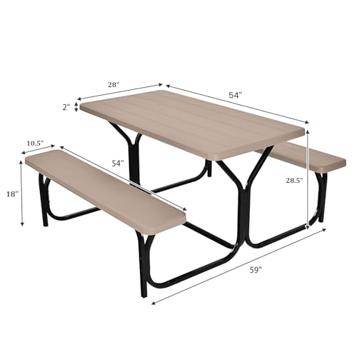 Giantex Picnic Table Bench Set Outdoor Camping All Weather Metal Base Wood-Like Texture Backyard Poolside Dining Party Garden Patio Lawn Deck Furniture Large Camping Picnic Tables for Adult - color: Coral Reef, size: 4.5FT