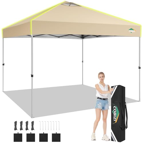 COBIZI 10x10 Pop Up Canopy Tent, Outdoor Party Tent Without Sidewall One Push Setup Glow, 3 Adjustable Height Air Vent Waterproof UPF50+, Bag, 4 Sandbag, 8 Stake, 4 Rope for Beach, Commercial - color: Khaki, size: 10x10