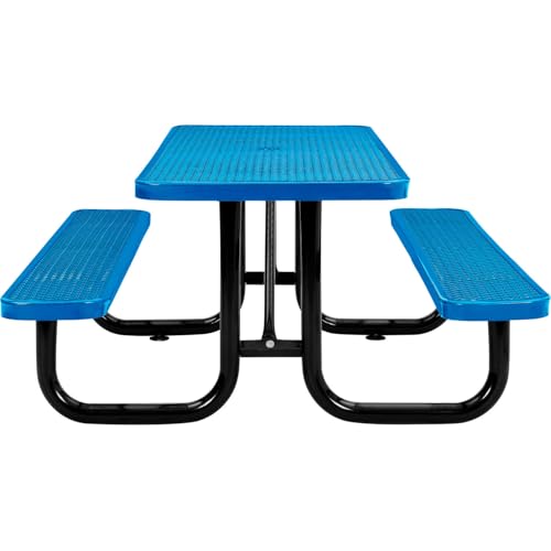 Global Industrial 6’L Rectangular Picnic Table, Expanded Metal, Blue Thermoplastic Coating, Attached Benches, 1-1/2” Umbrella Pole Hole, Outdoor-Rated, 1000 lb Capacity, 72” x 30” Tabletop - color: Blue