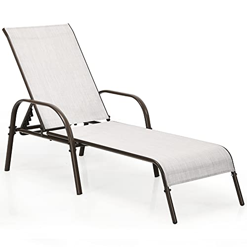 Tangkula Lounge Chair Outdoor, Patio Chaise Lounge with Adjustable Backrest, Reclining Pool Lounge Chair for Outside with Heavy Duty Steel Frame, Suitable for Beach, Yard, Balcony, Poolside - color: Light Grey