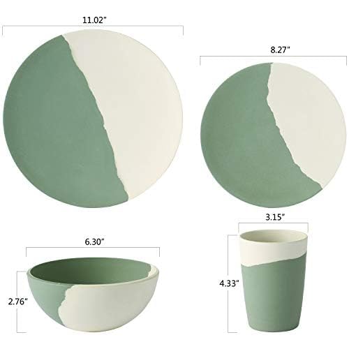 MORGIANA 8 pcs Bamboo Dinnerware Set Reusable Plates Bowls Sets, Camping Picnic Dishes Tableware Set for 2 (Green & White) - color: Green & White
