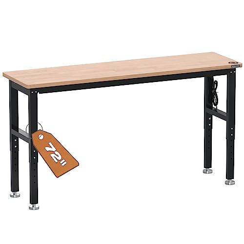 WORKPRO 72" Adjustable Workbench, 3000 LBS Load Capacity Hardwood Garage Workbench with Power Outlets, Rubberwood Top Heavy-Duty Workstation for Workshop, Garage, Home - size: 6FT workbench