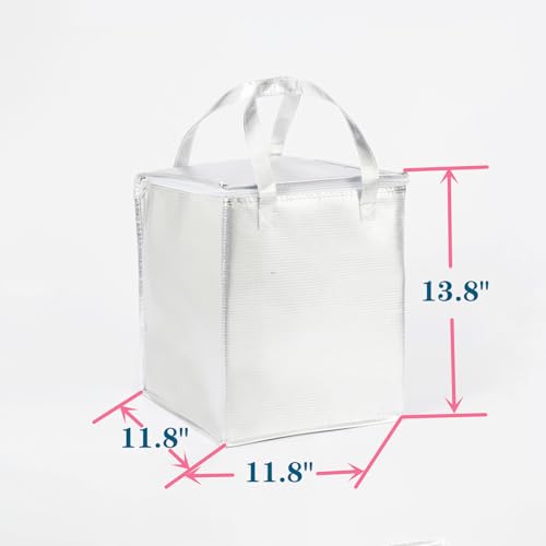 11.8×11.8×13.8" Reusable Insulated Zipper Aluminum Foil Tote Bag Suit for Picnic Cake FruitDrink Refrigeration Also for Delivery of Takeaway Thermal Pizza Insulated Delivery (Laser Silver) - color: Laser SILVER, size: 11.8×11.8×13.8"
