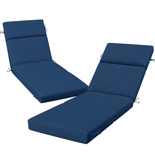 2 Pcs Outdoor Chaise Lounge Cushion 72" x 21" x 3", 4-Section Folding Patio Lounge Chair Cushion with Ties, Waterproof & Fade Resistant Replacement Cushion for Pool, Patio, Deck (Blue, 2 Pcs) - color: Blue, size: 2 Pcs