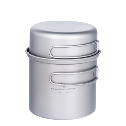 iBasingo Backpacking Cookset Titanium Camping Pots Set Ultralight Outdoor Picnic Pots Pans with Folding Handle Druable Portable Cooking Mess Kit Compact Picnic Dishes Bowls Cups (Multiple Sizes) - color: Ti2038C-1000ml+500ml pot pan set