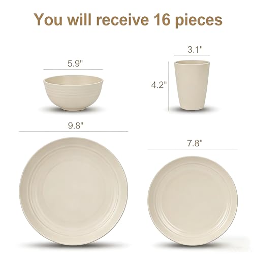 16 Pieces Plates and Bowls Sets for 4,Reusable Dishwasher Safe,Unbreakable Wheat Straw Dinnerware Sets of Dishes for Camping,Party,Outdoor Kitchen and RV Essentials(Beige) - color: Beige