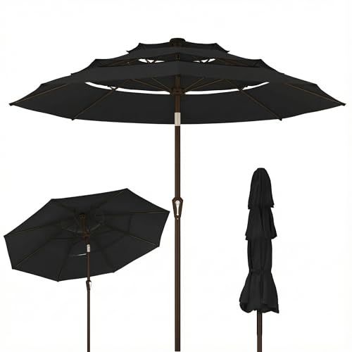 Kingdura 10ft 3-Tier Patio Umbrella, Outdoor Table Umbrella with Easy Crank & Tilt, 8 Reinforced Ribs, UV Protection for Deck, Pool, Market, Backyard (Black) - color: Black, size: 10 FT
