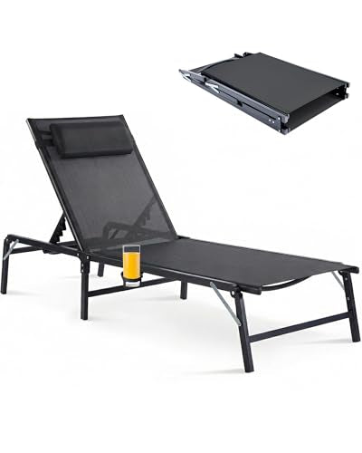 Foldable Chaise Lounge Chair with Cup Holder, Assemble-Free Outdoor Lounge Chair with Detachable Pillow and 6 Adjustable Backrest, Patio Lounge Chair for Outside Poolside Beach Pool, Black - color: Black, size: 1-Pack
