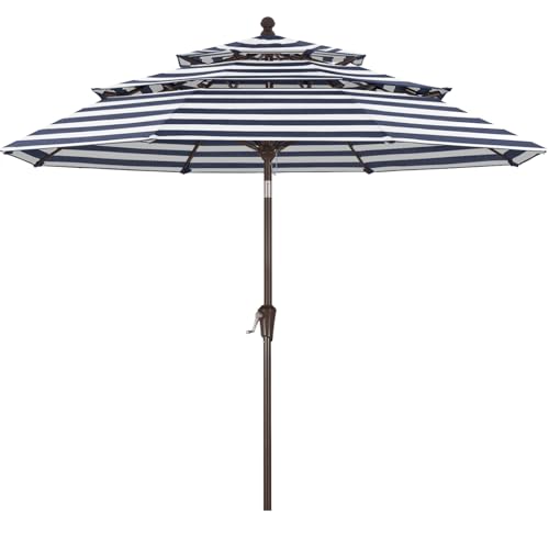 ABCCANOPY 5-Year 10-Year No Fading 9FT 3 Tiers Patio Umbrella, Outdoor Table Umbrella with 8 Sturdy Ribs for Deck, Backyard, Garden, Yard - color: Navy Stripe, size: 9FT, style: 5 Year Non Fading