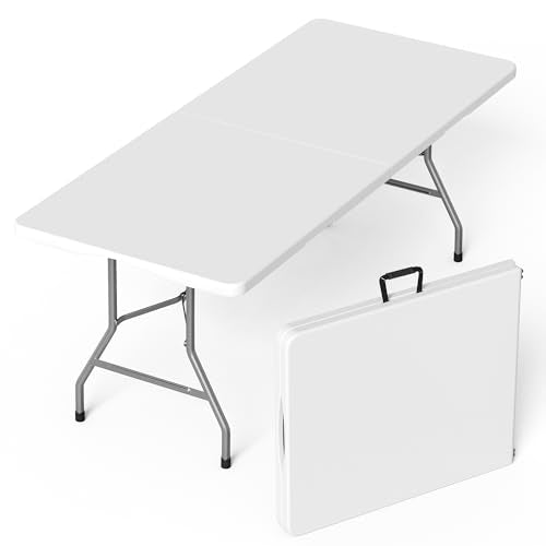 VSOAEIL Folding Table 6 Foot for Indoor Outdoor, Portable Heavy Duty Fold-in-Half Utility Plastic Foldable Dining Table with Carrying Handle for Picnic, Camping and Party, White - color: White, size: 6 FT - 1 PACK