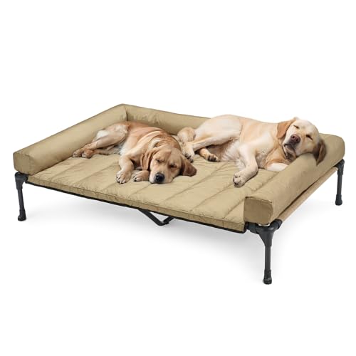 Veehoo Cooling Elevated Dog Bed Add Removable Waterproof Bolster Cushion Mat, Raised Pet Cot with Breathable Teslin Mesh, No-Slip Feet, Dog Couch Bed for Indoor Outdoor, 59x37.5inches, Beige, CWC2331B - color: Beige Coffee, size: 59.0"L x 37.5"W x 9.0"Th