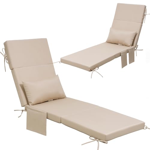 Crestlive Products Foldable Outdoor Chaise Lounge Cushions with Head Pillow and Side Pockets, Water Resistant & Fade Resistant Lounge Chair Cushion, 72" L x 21" W, Beige - color: Beige, size: 72"l X 21"w