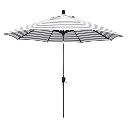 California Umbrella 9' Round Aluminum Market Umbrella, Crank Lift, Push Button Tilt, Black Pole, Gray/White Olefin - color: Gray/White Cabana Stripe