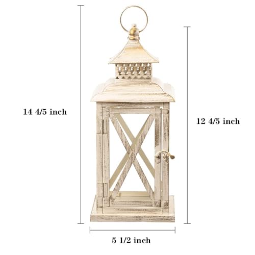 Lantern Decorative Indoor & Outdoor,Large Square Hanging Spring Home Decor, Vintage Metal Decorative Candle Lanterns for Outdoor Patio Wedding Party Beige with Copper Brush - color: Beige / 14.8'' / 1 Pc