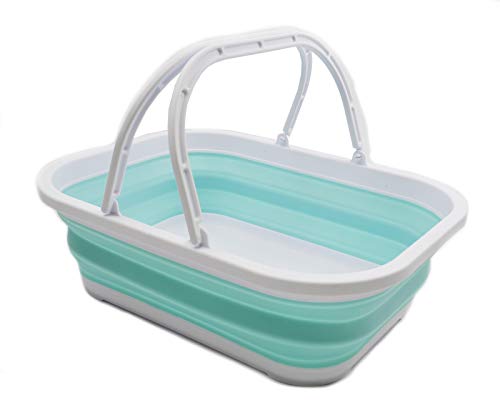 SAMMART 12L (3.17 Gallon) Collapsible Tub with Handle - Portable Outdoor Picnic Basket/Crate - Foldable Shopping Bag - Space Saving Storage Container (1, White/Lake Green) - color: White/Lake Green