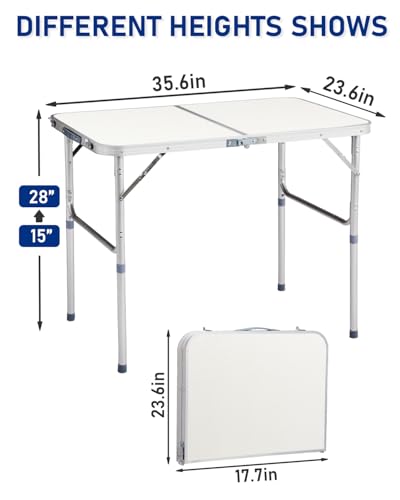 Outvita 3ft Portable Folding Camping Table, Outdoor Waterproof Adjustable Height Table, Aluminum Lightweight Suitcase Foldable Table for Picnic BBQ Beach Dining - color: Silver, size: 35*24*28