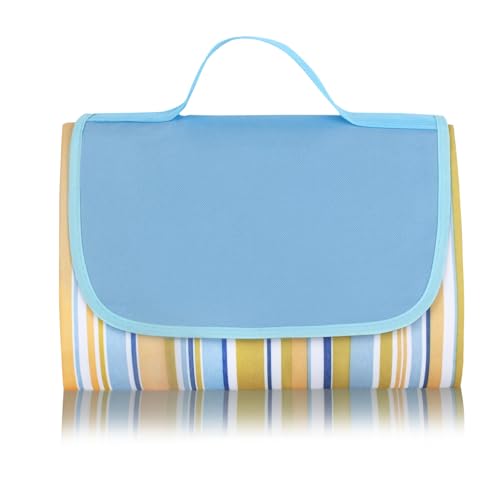 Hi Space Picnic Outdoor Blankets Waterproof Foldable Extra Large Picnic Mat Sandproof Beach Blankets for Grass Lawn Park Camping Family Concert, Blue Striped, 80"x60" - color: Blue-striped
