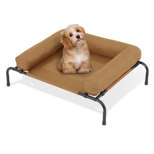 MoNiBloom Outdoor Elevated Dog Bed w/Removable Bolster, Portable Raised Outdoor Dog Bed with Stable Anti-Slip Feet & Breathable Mesh, 35.5 Inches Length, Light Brown - color: Light Brown, size: 35.5"L