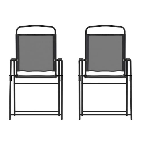 Flash Furniture Mystic Folding Patio Sling Chairs, Outdoor Textilene Lawn Chairs with Armrests, Set of 2, Black - color: Black