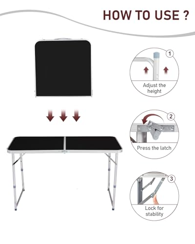 Outvita 4ft Portable Folding Camping Table, Outdoor Waterproof Adjustable Height Table, Aluminum Lightweight Suitcase Foldable Table for Picnic BBQ Beach Dining - color: Black, size: 47*24*28