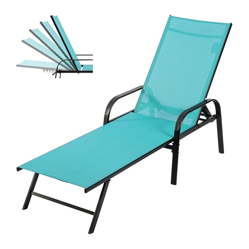 DUMOS Outdoor Lounge Chaise, 5-Position Chaise Lounge with Armrests, Sun Tanning Chair 350 lbs Heavy Duty Patio Pool Chair, Waterproof Sun Lounger for Deck, Backyard, Beach & Poolside, Blue - color: Sky Blue