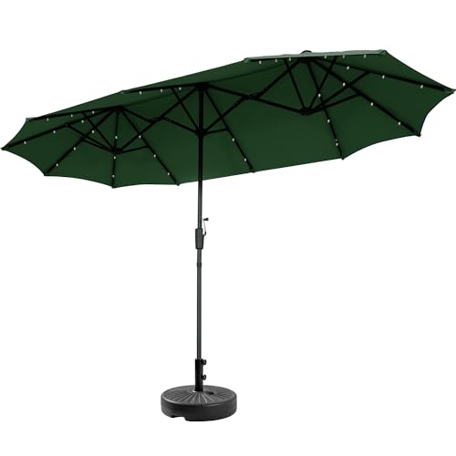 13Ft Large Patio Umbrella with Base Outdoor Double-Sided Market Extra Large Table Umbrella With Solar Lights Easy Crank for Yard, Poolside, Deck-Green - color: Green, size: 13FT Umbrella+Light+Base