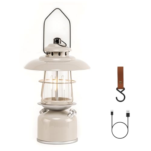 Metal Retro Classic LED Camping Lantern, 6500mAh Rechargeable Battery Last 17-500 Hours Camping Lamp, Large Dimmable Hanging Lantern, Vintage Camping Light with Hook for Courtyard Outdoor Decoration - style: Retro Rock Gray