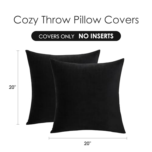 Throw Pillow Covers Decorative Velvet Set of 2 20x20 Inch Pillow Covers, Soft Black Pillowcases for Couch Sofa Bed Living Room, Farmhouse Home Boho Decor, Square Accent Cushion Covers - color: Black, size: 20" x 20" (Pack of 2)