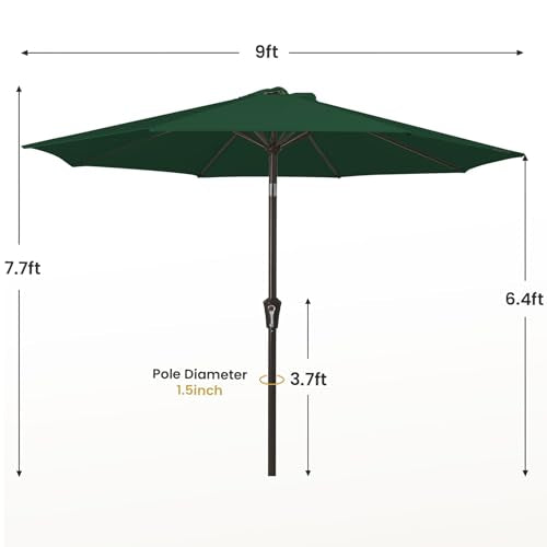 MEWAY 9ft Patio Umbrella Outdoor Table Umbrellas with Push Button Tilt and Crank, Market Umbrella 8 Sturdy Ribs for Deck, Garden, Pool and Backyard, Dark Green - color: Dark Green, size: 9ft