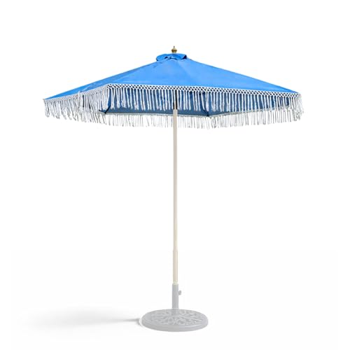 Formosa Covers 9ft 8-Rib Boho Replacement Umbrella CANOPY ONLY with Tassel Fringe Valance — Olefin Fabric, UV-Treated, Fits Market Patio Frames - color: Tassel Capri Blue