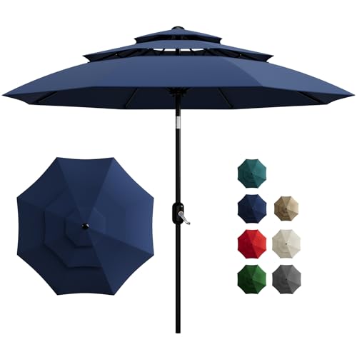 Garvee 10Ft 3-Tier Patio Umbrella, Outdoor Table Umbrella with Vents, Easy Crank and Push Button Tilt, Market Umbrella with 8 Sturdy Ribs for Pool, Deck, Yard, Garden -Navy Blue - color: Navy Blue, size: 10FT