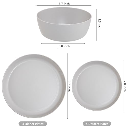 EI 12pcs Wheat Straw Dinnerware Set of 4,Plastic Plates Reuasble Unbreakable,Plastic Plates and Bowls Sets for Camping,Picninc,Family Dinner - color: Grey Wheat Straw Plates and Bowls