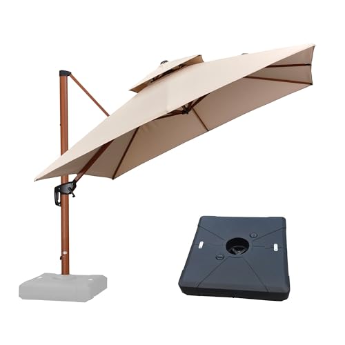 PURPLE LEAF 10ft Patio Umbrella with Base Outdoor Square Umbrella Large Cantilever Umbrellas Windproof Offset Heavy Duty Sun Umbrellas for Garden Deck Pool Patio, Beige - color: Beige, size: 10'X10', style: Base Included