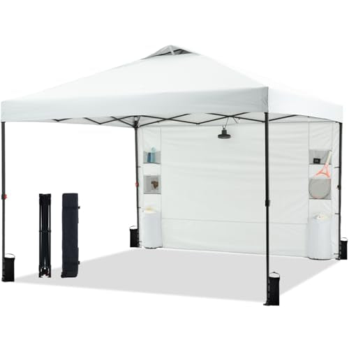 Tunbne 12'x12' Pop Up Canopy Tent with 1 Sidewall and 6 Pockets, One Push Setup, Instant Shade Tent with Vented Roof for Beach Patio Outdoor, Case, 8 Stakes, 4 Ropes, 4 Sandbags (White, 12x12) - color: White, size: 12x12